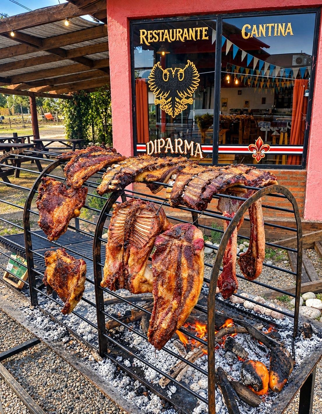 Costillares, vacío y pollo asándose en la cruz frente al frente rojo de la cantina Diparma