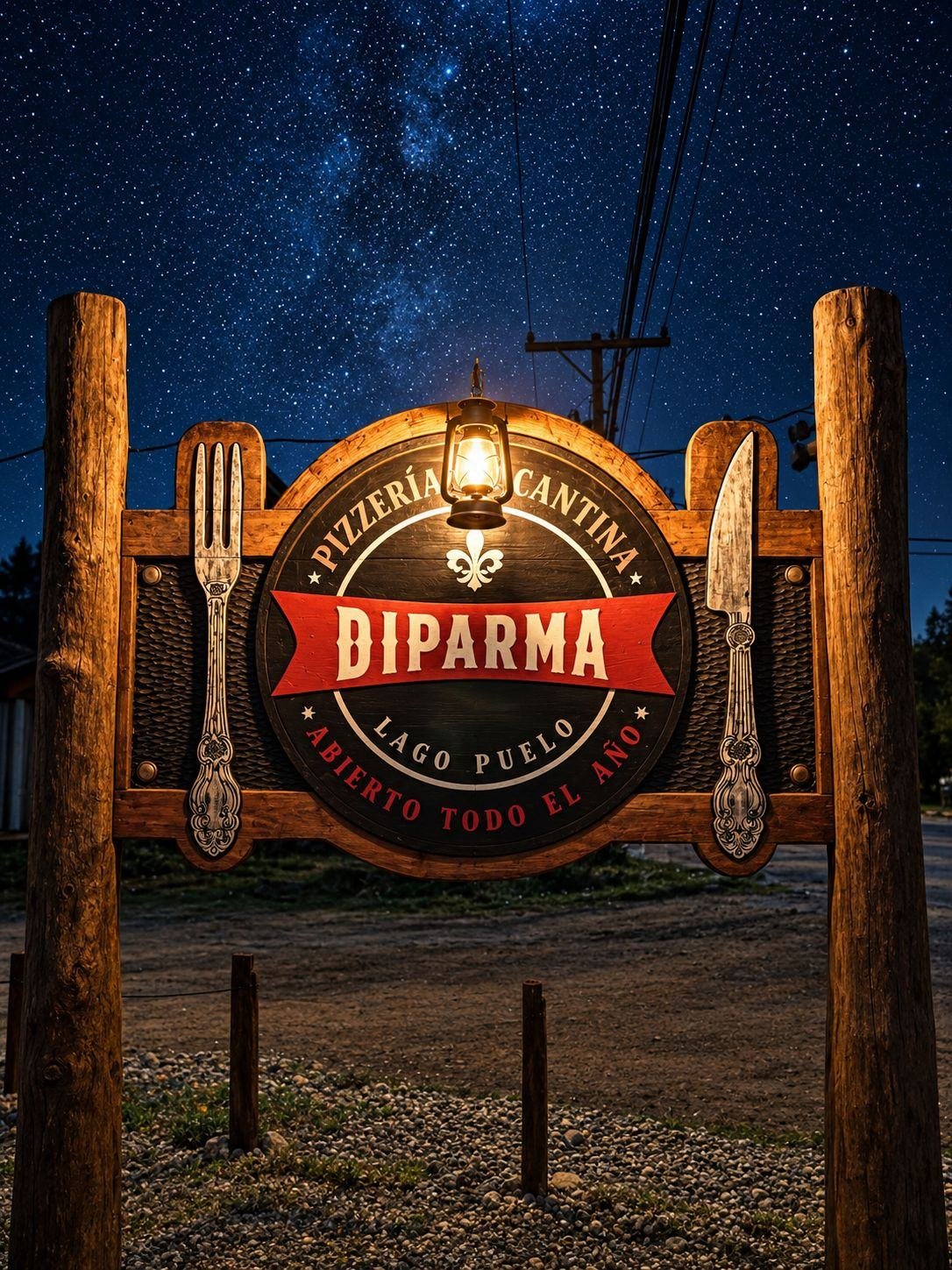Cartel de madera pintado a mano de Diparma Pizzería y Cantina, iluminado bajo el cielo estrellado de Lago Puelo